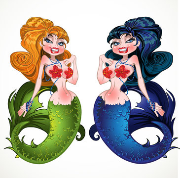 Brunette and Blond mermaids with blue and green scales