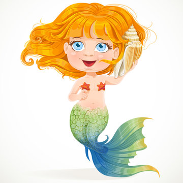 Little red-haired girl mermaid hears sounds in shell
