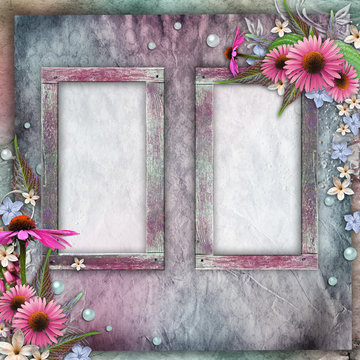 Greeting card with frames, flowers, pearls