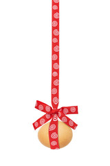 The Easter egg, hangs on a ribbon, with red with spirals bow, isolated on a white background