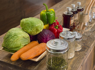 healthy foods are on the table in the kitchen