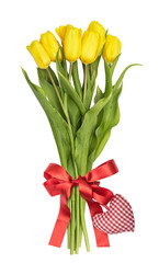 Bouquet from yellow tulips tied by red ribbon bow with checkered heart isolated on a white background