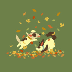 Funny dogs playing with autumn leaves