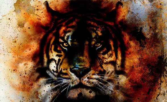 tiger collage on color abstract  background,  rust structure, 