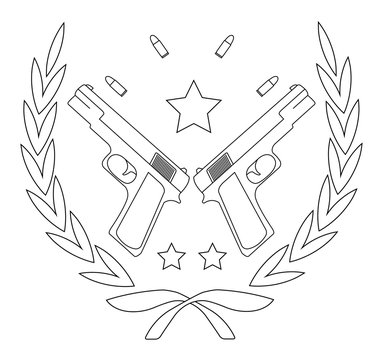 Contour, line art logo isolated on white with 2 pistols, bullets and stars in laurel wreath