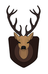 Obraz premium Hunting trophy. Stuffed taxidermy deer head with big antlers in wood shield. Color illustration isolated on white 