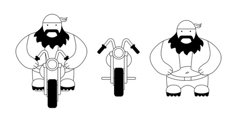 Funny fat, round biker with chopper motorcycle. Flat style. Line art. Black and white