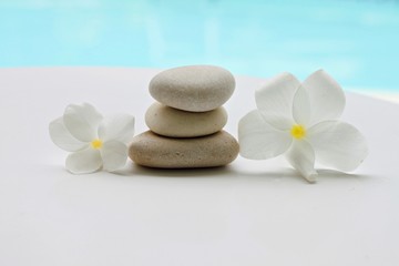 Fototapeta na wymiar plumeria tropical flowers and pebbles light white blue spa relaxation background, turquoise water, soft focus