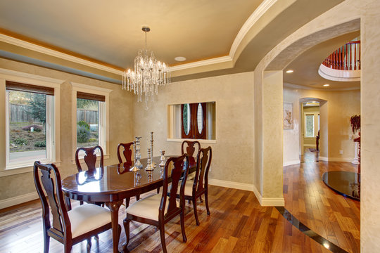 Classical dinning room with beautiful glass chandelier.