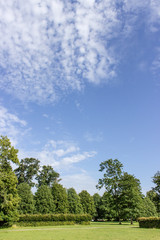 parkland / Park with lawn, trees, blue sky and clouds