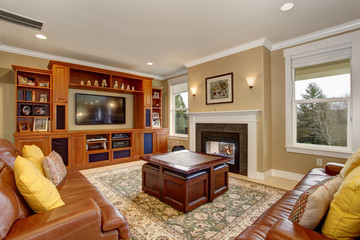 Luxury living room with stone tiled floor.