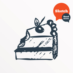 Hand drawn cake. Sketched bite of sweet dessert.
