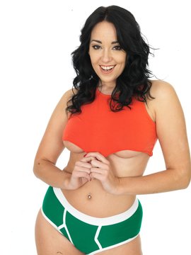 Attractive Sexy Young Topless Pin Up Model Wearing a Red Tee Shirt