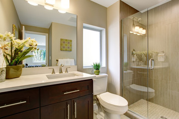Nice bathroom with glass shower.