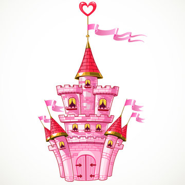 Magical fairytale pink castle with flags