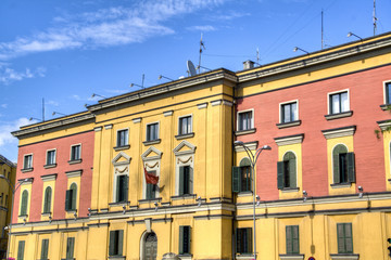 Facade of the buildings in Tirana, Albania
