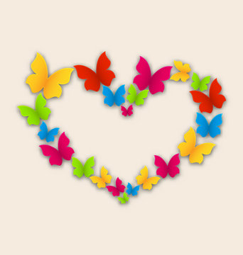Celebration postcard with heart made in colorful butterflies for