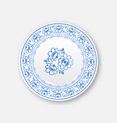 White plate with russian ornament in gzhel style