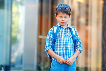Portrait of cute school boy with backpack