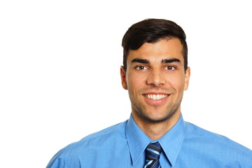 Smiling young man in blue shirt and tie, left you can write some text