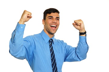 Young smiling man showing victory with his hands