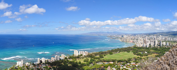 Panorama view of Honolulu and Waikiki Beach seen from Diamond Head Crater - Hawaii, USA 