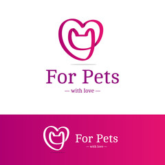 Vector pink ribbon sign. Cat head with heart logotype. Trendy