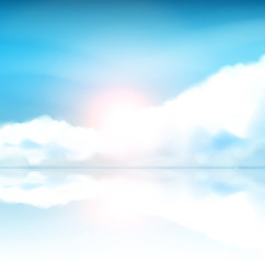 Fantasy Background Blue sky with clouds and sun reflection in water. Vector Illustration.