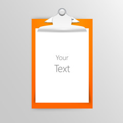 Orange colored plastic clipboard with blank paper sheet isolated on white