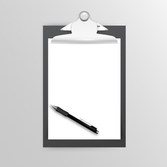 plastic clipboard with blank paper sheet and pen isolated on white