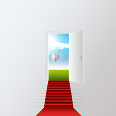 staircase red carpet to fantasy world blue cloudy sky and hot air balloons, 