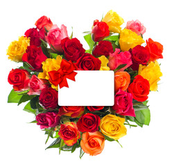 Colorful roses bouquet in heart shape. Gift card fot Your text