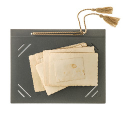 Photo album page with retro style picture frames. Old paper