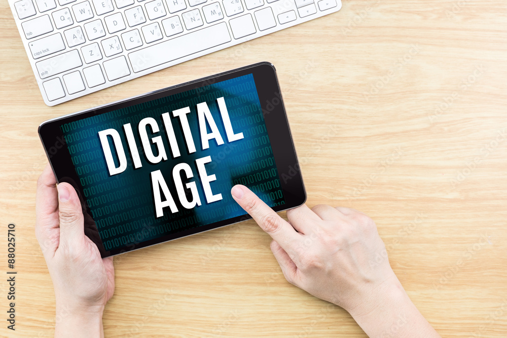 Poster finger click screen with digital age word with keyboard on woode