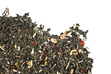 Texture of dry green tea with petals of flower and fruit