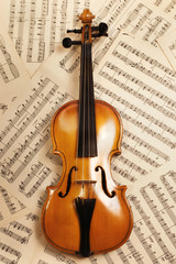 Fototapeta na wymiar old violin with musical notes