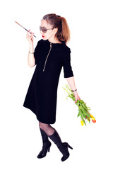 woman with bouquet of tulips and cigarette