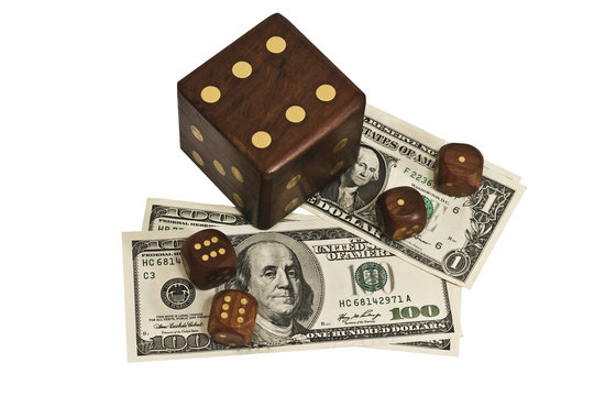 dice and money isolated on a white background