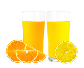 lemon and orange juice in the glass isolated on white