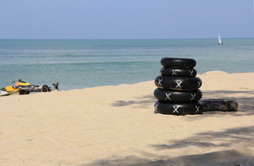 For rent /  The rubber rings  as a water sport equipment  for rent at Samila beach, Songkhla province, Thailand 