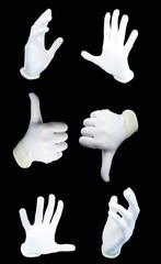 set of human hands in white gloves on a black background