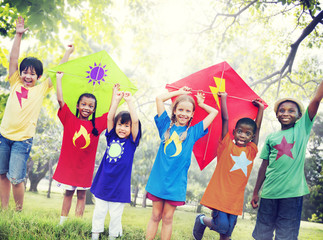 Children Flying Kite Playful Friendship Concept