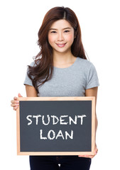 Young woman with chalkboard showing student loan