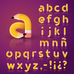 Vector alphabet of wood pencil shaped like letters. Yellow pencil letters collection 2/3. Small letters, Lower case.