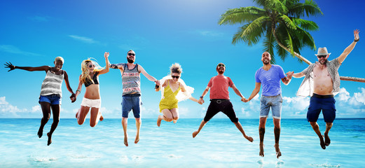 Beach Summer Friends Jumping Happiness Concept