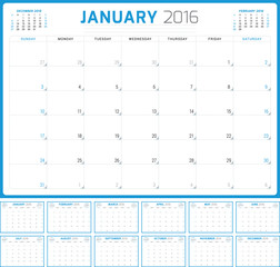 Calendar Planner 2016. Vector Design Template. Set of 12 Months. Week Starts Sunday