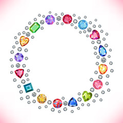 Colored gems square round frame isolated on light background
