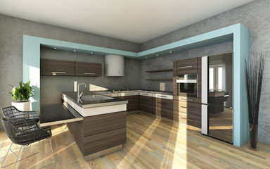 Modern Kitchen In Grey and Blue Colours