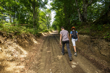 Family walking in the forest