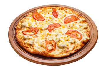 pizza on wooden plate